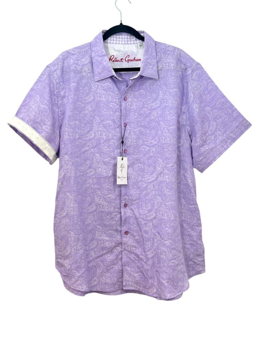 Robert Graham Leaf Print Linen Button Front SS Shirt Lilac Purple Size 2XL New